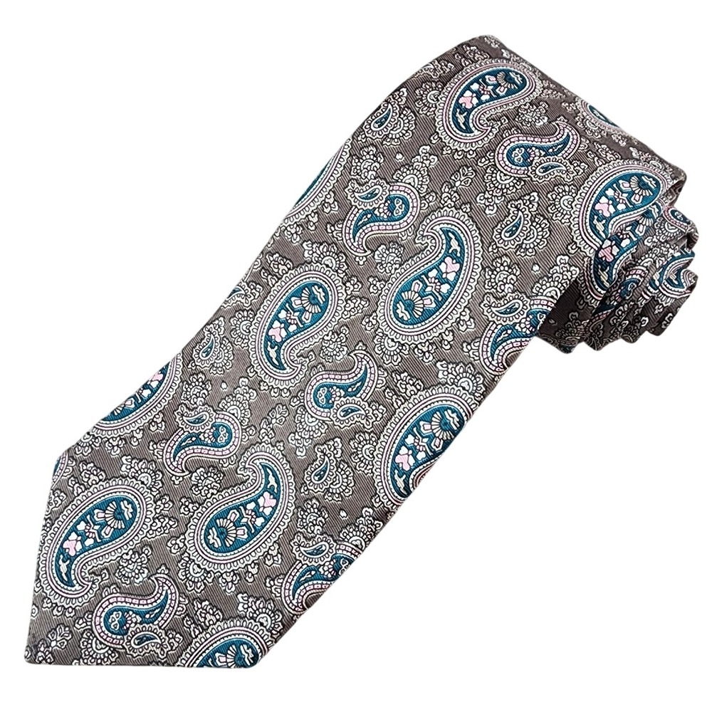 Rooster Necktie Paisley Print All Silk Made in USA Brown Teal Pink‎